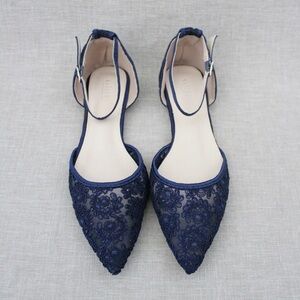 Kailee P. Crochet Lace Pointy Toe Flats with Ankle Strap color Navy Lace size 11